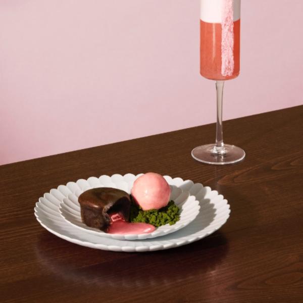 Pink cocktail and dessert